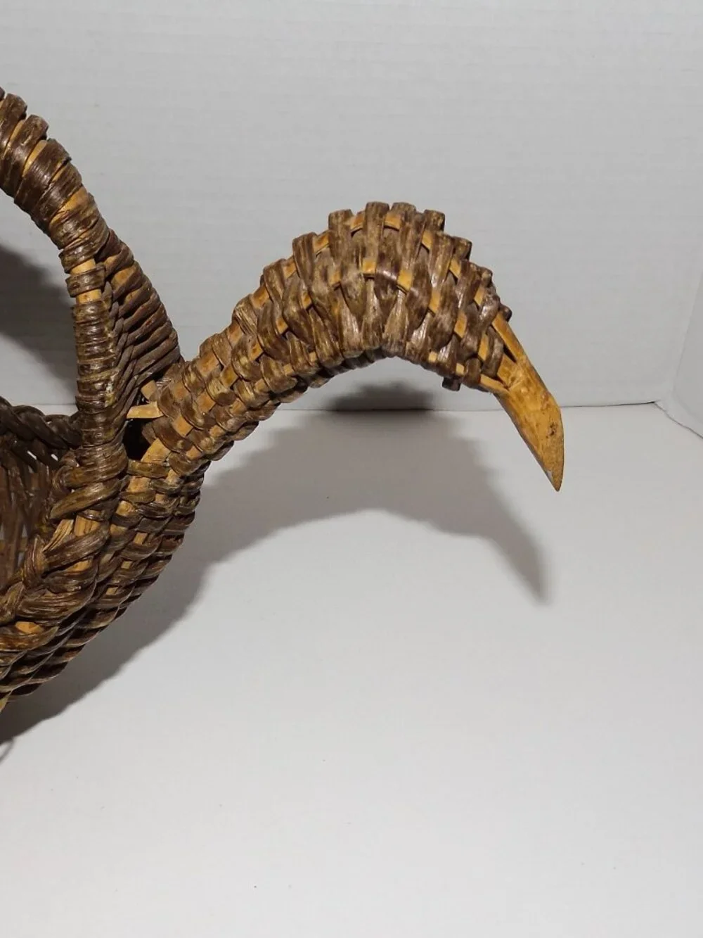 Vintage Woven Wicker And Bamboo Brown Bird Basket Carved Beak